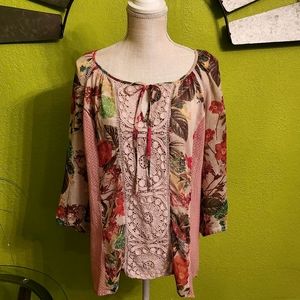 Anthropologie Meadow Rue Floral Long Sleeve Mixed Print Pink Lace Blouse Large